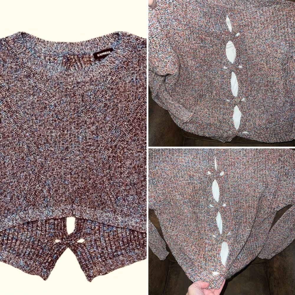 Express Crop Top Crochet Style Sweater Button Back Multi Colored Knit, Size M